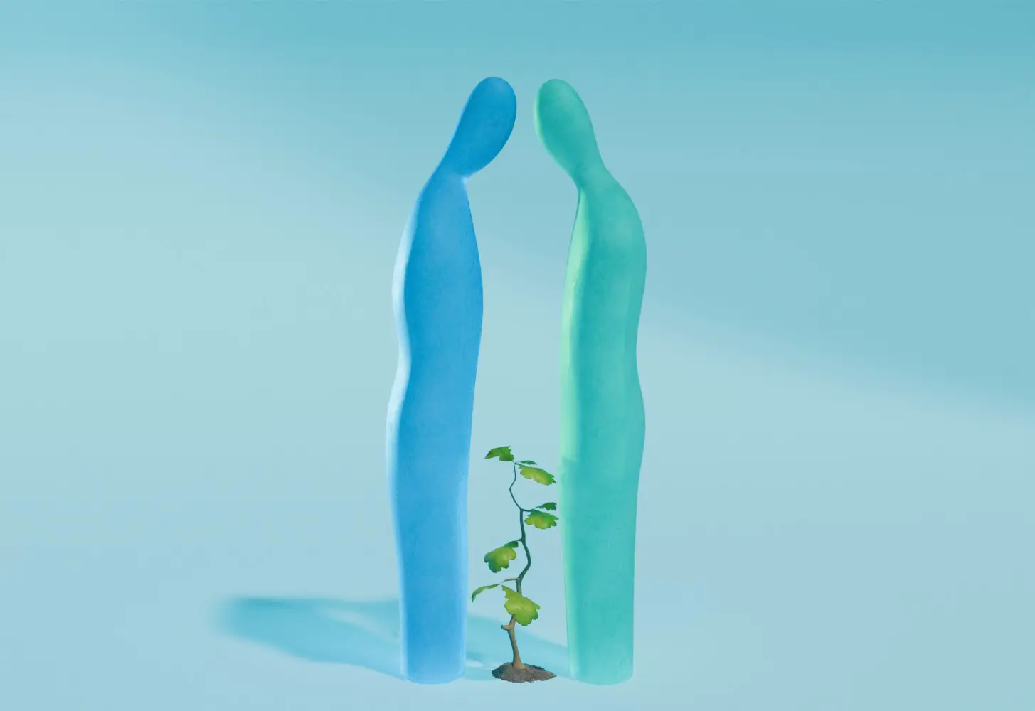 Pora spalvingų žmogiškų formų žiūri vienas į kitą